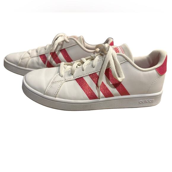 Adidas White Leather Superstar  Sneakers  Womens 5.5 Hot Pink Glitter Stripes - Picture 2 of 10